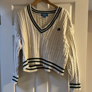 Prince Women's Cable Knit V-Neck Sweater with Green Trim